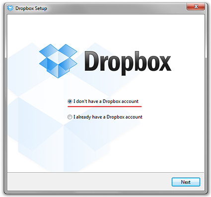 Начало установки DropBox Начало установки DropBox